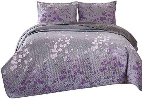  Masterplay 3-Piece Fine Printed Oversize (118" X 95") Quilt Set, Bedspread Coverlet King Size Bed Cover (Dark Grey, Purple Gradient, Vine)