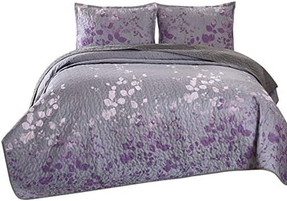  Masterplay 3-Piece Fine Printed Oversize (118" X 95") Quilt Set, Bedspread Coverlet King Size Bed Cover (Dark Grey, Purple Gradient, Vine)
