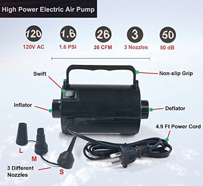  Electric Air Pump For Inflatable Pool Toys - High Power Quick-Fill Air Mattress Inflator Deflator Pump For Pool Float Raft Airbed With 3 Nozzles, 320W, 110V AC, 1.6PSI, Air Flow 26CFM