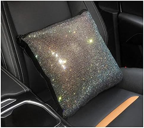 HappyERA 1Pc Bling Rhinestones Leather Car Seat Lumbar Pillow, Crystal Diamond Lumbar Support Cushion For Girls Women - White