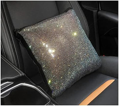  HappyERA 1Pc Bling Rhinestones Leather Car Seat Lumbar Pillow, Crystal Diamond Lumbar Support Cushion For Girls Women - White