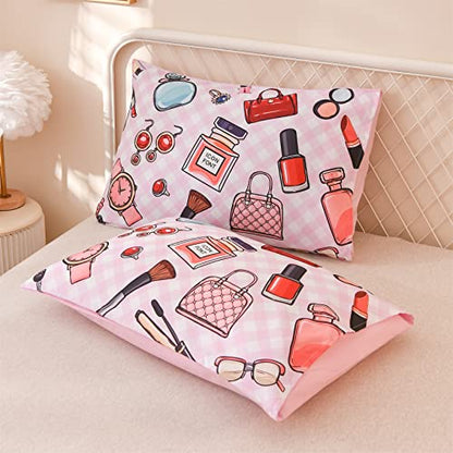  Aimuan Pink Comforter Set Cosmetic And Makeup Theme Quilt Set With Perfume Bag Lipstick Nail Polish Pattern Decorative Quilted 3 Pcs Bedding Set With 2 Pillowcases (Pink, Queen)