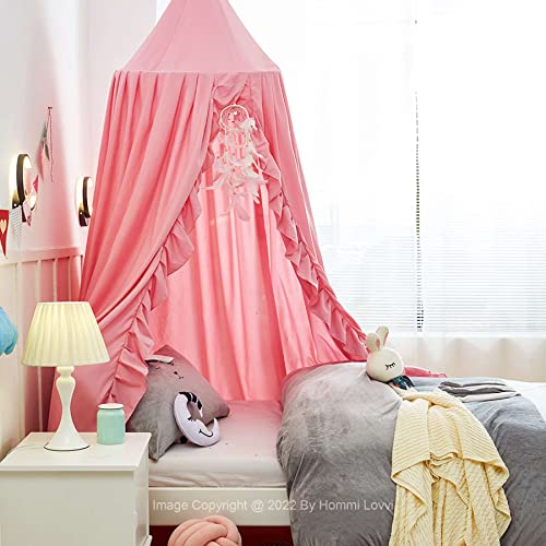 Hommi Lovvi Kids Bed Canopy, Dreamy Frills Canopy For Girls Bedroom Soft Ceiling Hanging Decoration Princess Canopy Net Reading Nook, Extra Large Full Size Bed Canopies With Light - Pink