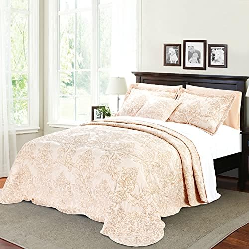  Home Soft Things Damask 4 Piece Bedspread Set,Scalloped Edge Reversible Quilt Coverlet Comforter Prewashed Bedding Set, Matelasse Embossed Floral Solid Pattern,Lavender Fog Oversize King(120" X 120")