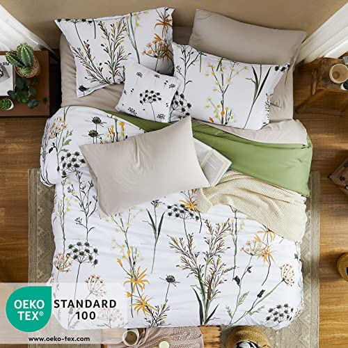  CASAAGUSTO Queen Comforter Set 8 PCS White & Green Dandelion Plant Comforter Set With Flowers Leaves Pattern Soft Seersucker Design All Season Microfiber Bedding Set With Decor Pillow (90"X90")