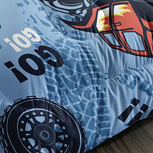  Cars Comforter Set, Giant Monster Pickup Truck Large Tires And Suspension Extreme Biggest Wheel Print, Twin Size Room Decorative 3 Piece Bedding Set With 2 Pillow Sham