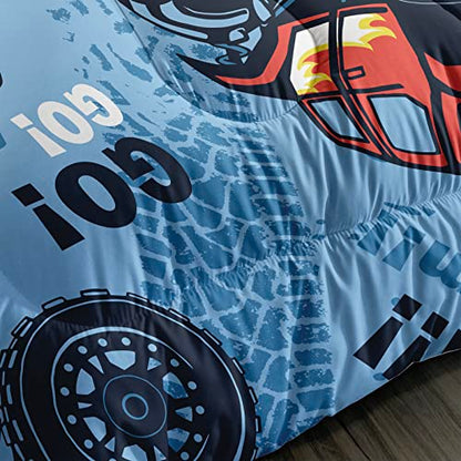  Cars Comforter Set, Giant Monster Pickup Truck Large Tires And Suspension Extreme Biggest Wheel Print, Twin Size Room Decorative 3 Piece Bedding Set With 2 Pillow Sham