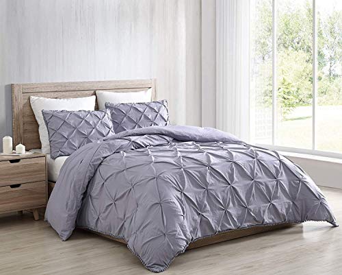  Chezmoi Collection Natalia 3-Piece Pom Poms Fringe Pinch Pleat Duvet Cover Set - Hypoallergenic Soft Washed Microfiber Comforter Cover With Button Closure And Corner Ties - Queen, Purple