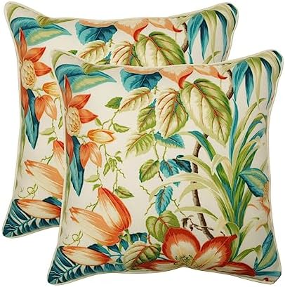  Pillow Perfect Tropic Floral Outdoor Throw Accent Pillow, Plush Fill, Weather, And Fade Resistant, Small Lumbar - 11.5" X 18.5", Blue/Green Botanical Glow, 2 Count