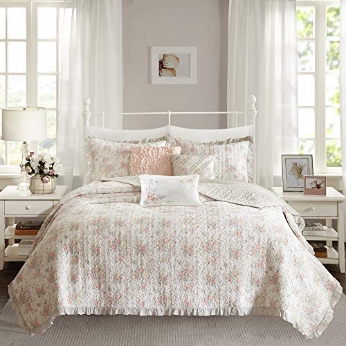  Madison Park 100% Cotton Quilt Set Floral Print, Double Sided Stitching, All Season, Lightweight Coverlet Shabby Chic Bedding Layer, Matching Shams, Full/Queen, Pink 6 Piece