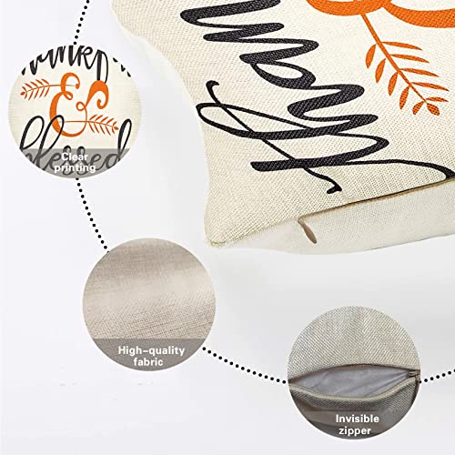  Rustic Autumn Fall Décor Thankful And Blessed Farmhouse Style Thanksgiving Day Decoration Cotton Linen Home Decorative Throw Pillow Case Cushion Cover With Words For Sofa Couch, 18" X 18"