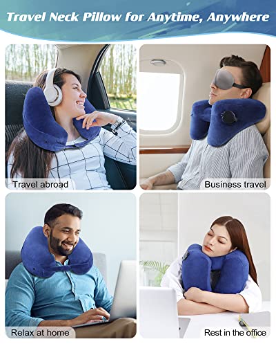  JefDiee Neck Pillow For Travel Inflatable Airplane Pillow Comfortably Supports Head, Neck And Chin, Inflatable Travel Pillow With Soft Velour Cover And Portable Luxury Bag (Blue)