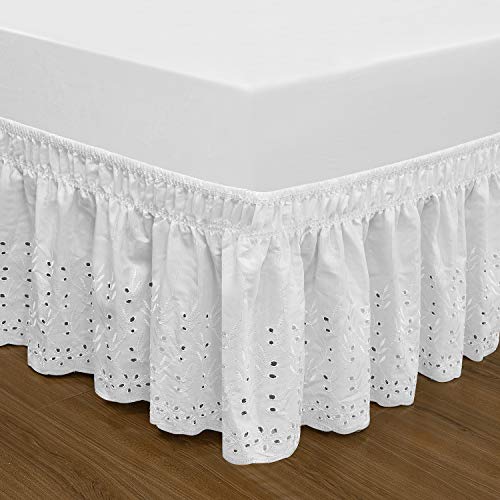  Wrap Around Elastic Eyelet Bed Skirts 14 1/2 Inches Drop Dust Ruffle Three Fabric Sides Easy On/Easy Off Adjustable Polyester Cotton(White Queen/King)