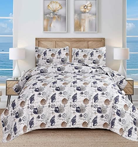  CHESITY 3-Piece Ocean Quilts Set Full/Queen Size Beach Bedspread Lightweight Coastal Bedding Reversible Bedding Cover Nautical Coverlet Set Seaweed Starfish Beach(90"x90")