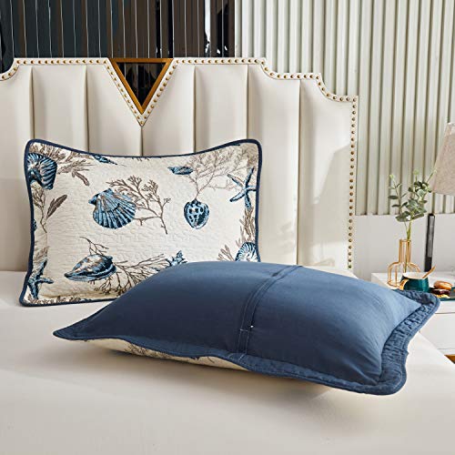  Quilted Pillow Shams King Size Set Of 2 Cotton Coastal Beach Decorative Pillow Covers Navy Blue Nautical Seashells Bedroom Decor