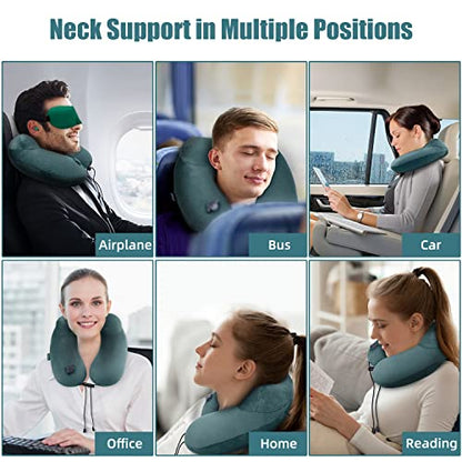  Urophylla Inflatable Travel Pillow For Airplane, Inflatable Neck Pillow For Traveling With 3D Contoured Eye Masks, Adjustable Neck/Chin Support Pillow For Trains, Cars, Large (Green)
