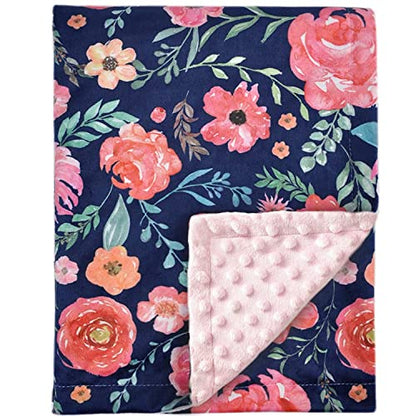  Baby Blanket For Girls Super Soft Double Layer Minky With Dotted Backing, Elegant Receiving Blanket With Pink Floral Multicolor Printed Blanket 30 X 40 Inch(75x100cm), Navy Blue