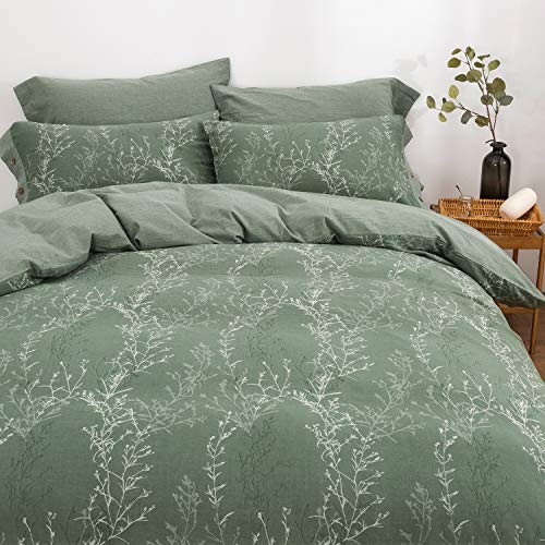 OREISE Duvet Cover Set Full/Queen Size Washed Cotton Yarn, Jacquard Green And White Thin Branch Pattern Floral Style 3Piece Bedding Set