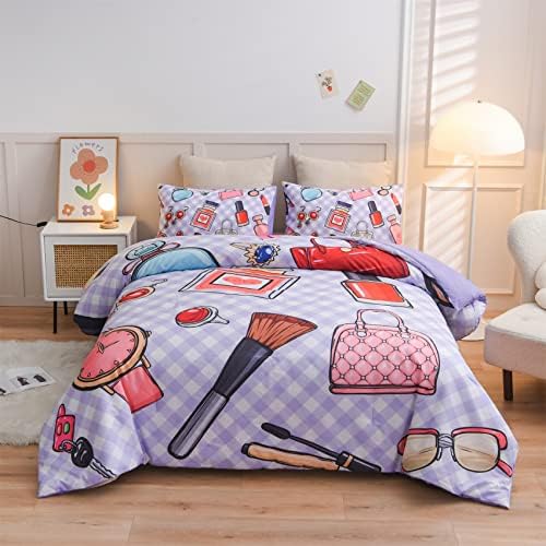  Aimuan Pink Comforter Set Cosmetic And Makeup Theme Quilt Set With Perfume Bag Lipstick Nail Polish Pattern Decorative Quilted 3 Pcs Bedding Set With 2 Pillowcases (Pink, Queen)