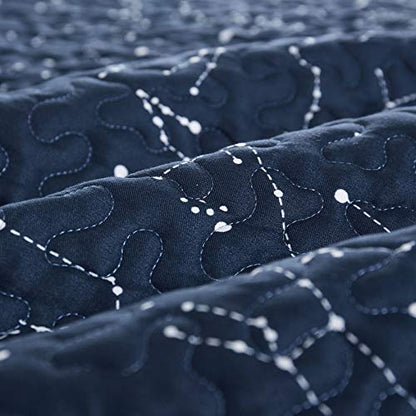  - Constellation Quilt Set, Navy Blue With White Space Stars Pattern Printed, Soft Microfiber Bedspread Coverlet Bedding (3pcs, Queen Size)