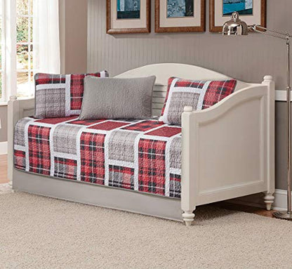  5pc Daybed Coverlet Set Patchwork Plaid Gray Red Black White New