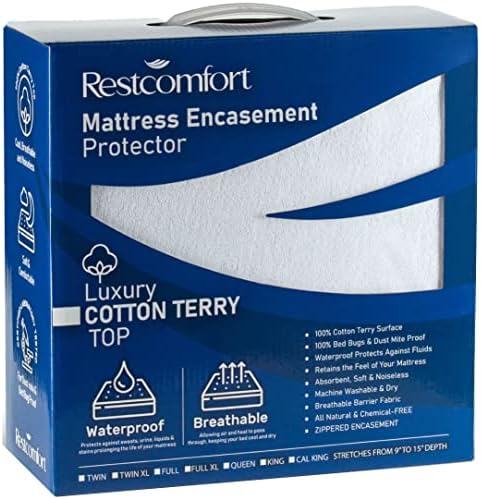  Luxury Cotton Terry Zippered Mattress Protector And Encasement - Bed Bug Dust Mite Proof, Hypoallergenic, Water Resistant - Rest Comfort (Queen, Stretches 9”-15 Depth)