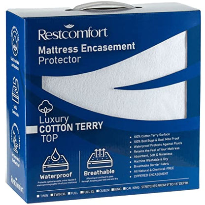  Luxury Cotton Terry Zippered Mattress Protector And Encasement - Bed Bug Dust Mite Proof, Hypoallergenic, Water Resistant - Rest Comfort (Queen, Stretches 9”-15 Depth)