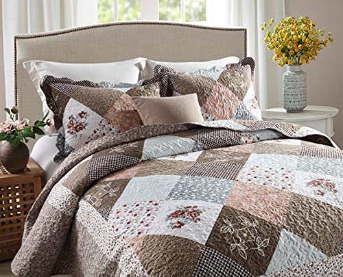  Yvooxny 3-Piece Queen Quilt Sets Bedspread Coverlet Set With Shams Microfiber Quilted Bedding Set, Brown Floral Patchwork Pattern