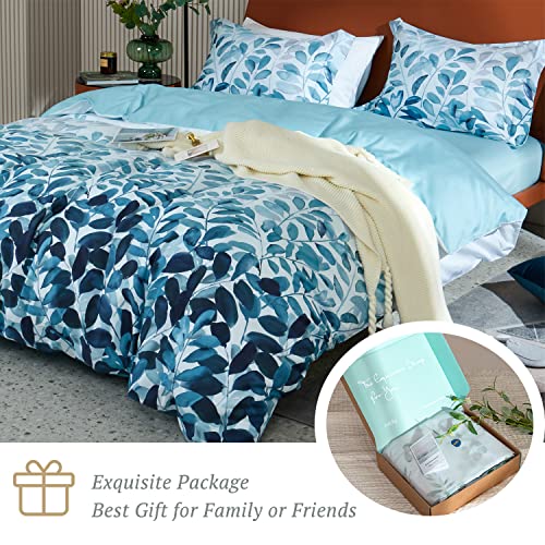  MILDLY 100% Egyptian Cotton Duvet Cover Set Gradient Blue Leaves Printed Comforter Cover Set Farmhouse Plant Reversible Baby Blue Bedding Set King Size With Zipper Closure & Corner Ties