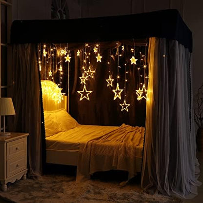  Tingxiu Romantic 4 Corner Post Blackout Bed Curtains With Sheer, Hollow-Out Stars Bed Canopy For Girls Boys Bedroom Decoration (Queen, Black-Hollow-Out Stars)