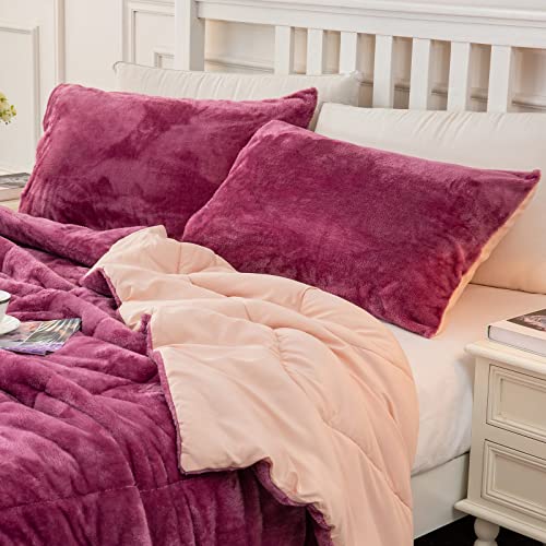  Faux Fur Twin Comforter, Cozy Fluffy Fuzzy Bed Comforter, Easy Care And Machine Washable, Plush Comforter Suit For All Season (Twin, Pink Bean Paste)