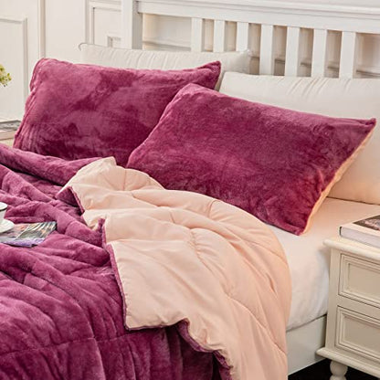  Faux Fur Twin Comforter, Cozy Fluffy Fuzzy Bed Comforter, Easy Care And Machine Washable, Plush Comforter Suit For All Season (Twin, Pink Bean Paste)