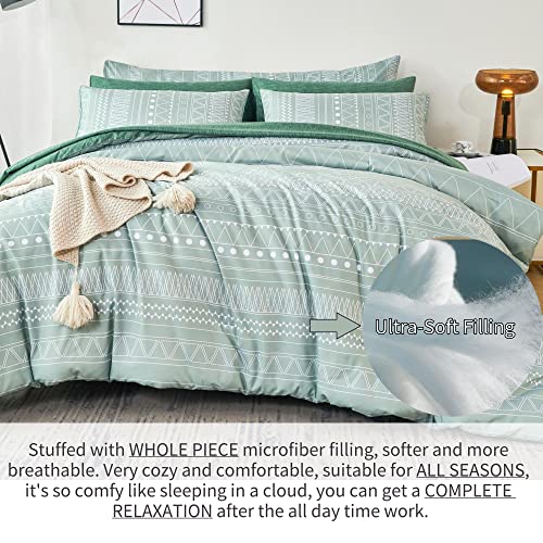  RYNGHIPY Striped Boho Bed Comforter Set Full Size Sage Green, 8Pcs Geometric Bohemian Bed In A Bag Down Alternative Comforter Bedding Set (Sage Green,Full Size)