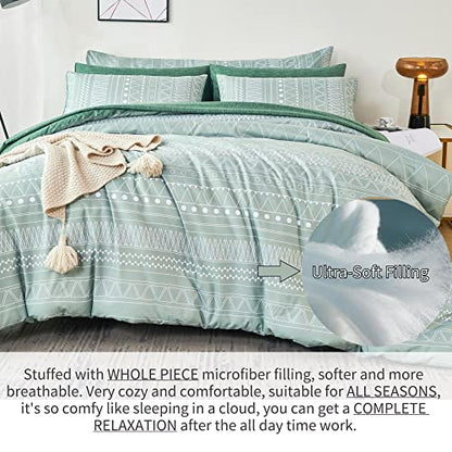  RYNGHIPY Striped Boho Bed Comforter Set Full Size Sage Green, 8Pcs Geometric Bohemian Bed In A Bag Down Alternative Comforter Bedding Set (Sage Green,Full Size)