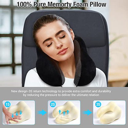 Findigit Travel Neck Pillow 100% Pure Memory Foam Pillow, Airplanes & Car Sleep Neck, Comfortable & Breathable Cover, Machine Washable, Travel Kit With Eye Masks, Earplugs, And Luxury Bag (Black)