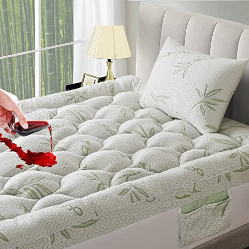  Amboo Mattress Topper With 1 Pillow Protector, Side Pocket, Waterproof Mattress Protector, Cooling Extra Thick Breathable Mattress Pad Cover,8-21” Deep Pocket- Queen