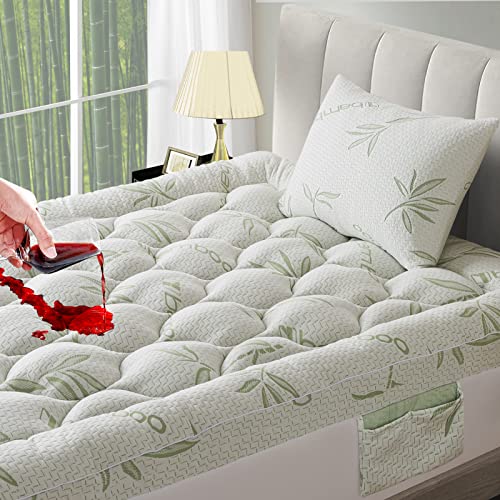  Amboo Mattress Topper With 1 Pillow Protector, Side Pocket, Waterproof Mattress Protector, Cooling Extra Thick Breathable Mattress Pad Cover,8-21” Deep Pocket- Queen