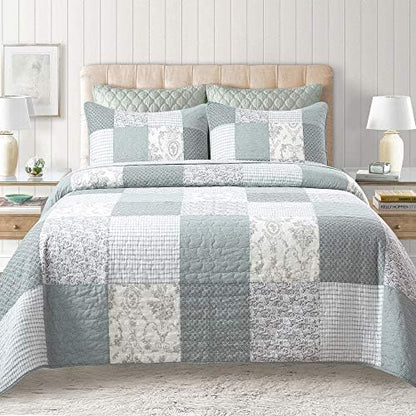  Cotton 3-Piece Quilt Set - Queen Size With 2 Shams: In The Mist Farmhouse Patchwork Bedding, Country Quilted Bedspread, Gray Bedding Lodge Comforter, Bedspreads & Coverlets