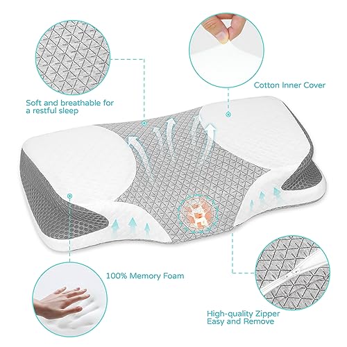  PouHenier.jh Cervical Pillow For Neck Shoulder Pain Relief Sleeping, Ergonomic Contour Memory Foam Pillows, Orthopedic Contoured Support Pillow For Side, Back, Stomach Sleepers(Queen Size, Soft)