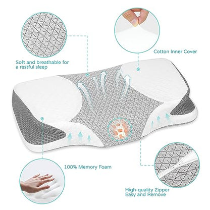  PouHenier.jh Cervical Pillow For Neck Shoulder Pain Relief Sleeping, Ergonomic Contour Memory Foam Pillows, Orthopedic Contoured Support Pillow For Side, Back, Stomach Sleepers(Queen Size, Soft)
