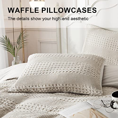  Waffle Weave Duvet Cover Set 100% Cotton Duvet Cover Queen Textured Khaki Duvet Cover Cozy Soft Breathable Queen Duvet Cover Skin-Friendly Luxury Comforter Cover Bedding Set All Season 90"x90"