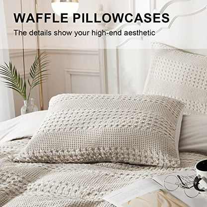  Waffle Weave Duvet Cover Set 100% Cotton Duvet Cover Queen Textured Khaki Duvet Cover Cozy Soft Breathable Queen Duvet Cover Skin-Friendly Luxury Comforter Cover Bedding Set All Season 90"x90"