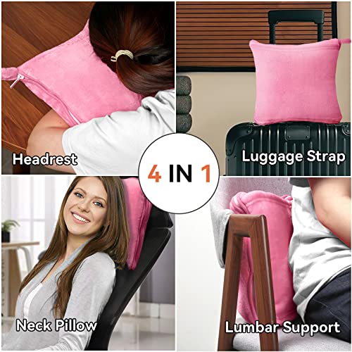  MACEVIA Travel Blanket Pillow Soft And Warm Blanket For Airplane Travel Essential Comfort Durability 2 In 1 Throw Blanket For Train Car Camping Office With Luggage Backpack Strap - Pink