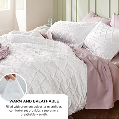  Bedsure Boho Comforter Set Queen - White Tufted Shabby Chic Bedding Comforter Set For All Seasons, 3 Pieces Western Comforter Farmhouse Modern Embroidery Bed Set For Women Men Girls