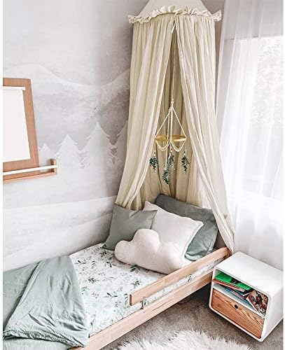  YIUOR Kids Bed Canopy With Frills Cotton Cover Net For Baby Crib Reading Nook Curtain Hideaway Hanging Round Tent Nursery Bedding Play Room Decor