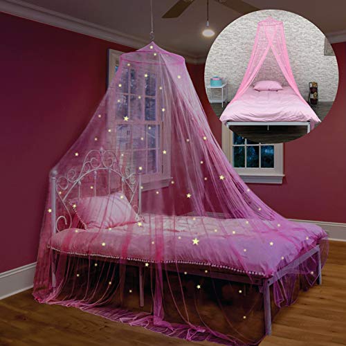  D Canopy For Girls With Glowing Stars - Princess Pink Baby Canopy For Bed, Netting Room Decor, Ceiling Tent, Canopy For Crib | Single, Twin, Full, Queen Size Kids Bed Curtains, Fire Retardant Fabric