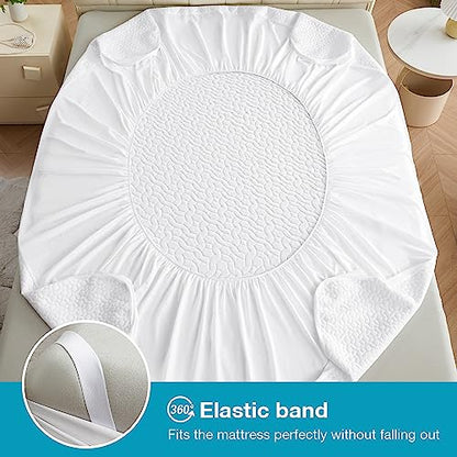  Mooreeke Premium 100% Waterproof Cooling Mattress Protector Queen Size Tencel Breathable Mattress Pad, Deep Pocket Fitted Mattress Cover Smooth Noiseless Soft Cooler Than Bamboo & Machine Washable