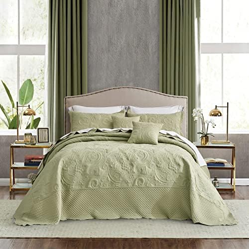  Oversized King Bedspread Aqua 128x120 Extra Wide, Paisley Pattern Design, Lightweight Bedding Cover, Reversible, 5 Piece, 100% Microfiber, King/Cal King, Seaglass