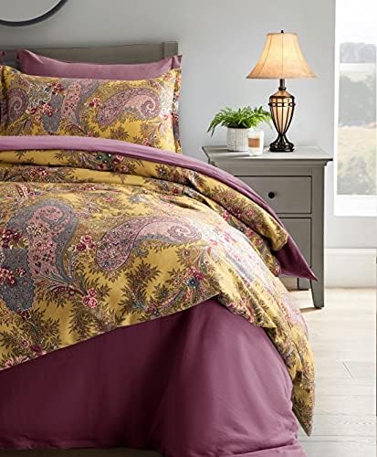  Classical Paisley Duvet Cover 3pc Set Bohemian Bedding Bothe Damask Antique Drawing Medallion 400TC Egyptian Cotton Sateen Luxury European Traditional Boho Floral Scarf Style Bed Linen (Mustard, King)