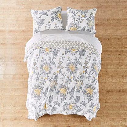  Levtex Home Reverie Full/Queen Cotton Quilt Set, Grey, White, Yellow, Floral